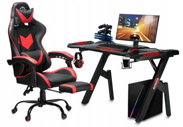 Fotel gamingowy biurowy czarno-czerwony z podnóżkiem